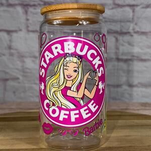 Starbies Barbie Collaboration 16oz Glass Tumbler with Bamboo Lid New